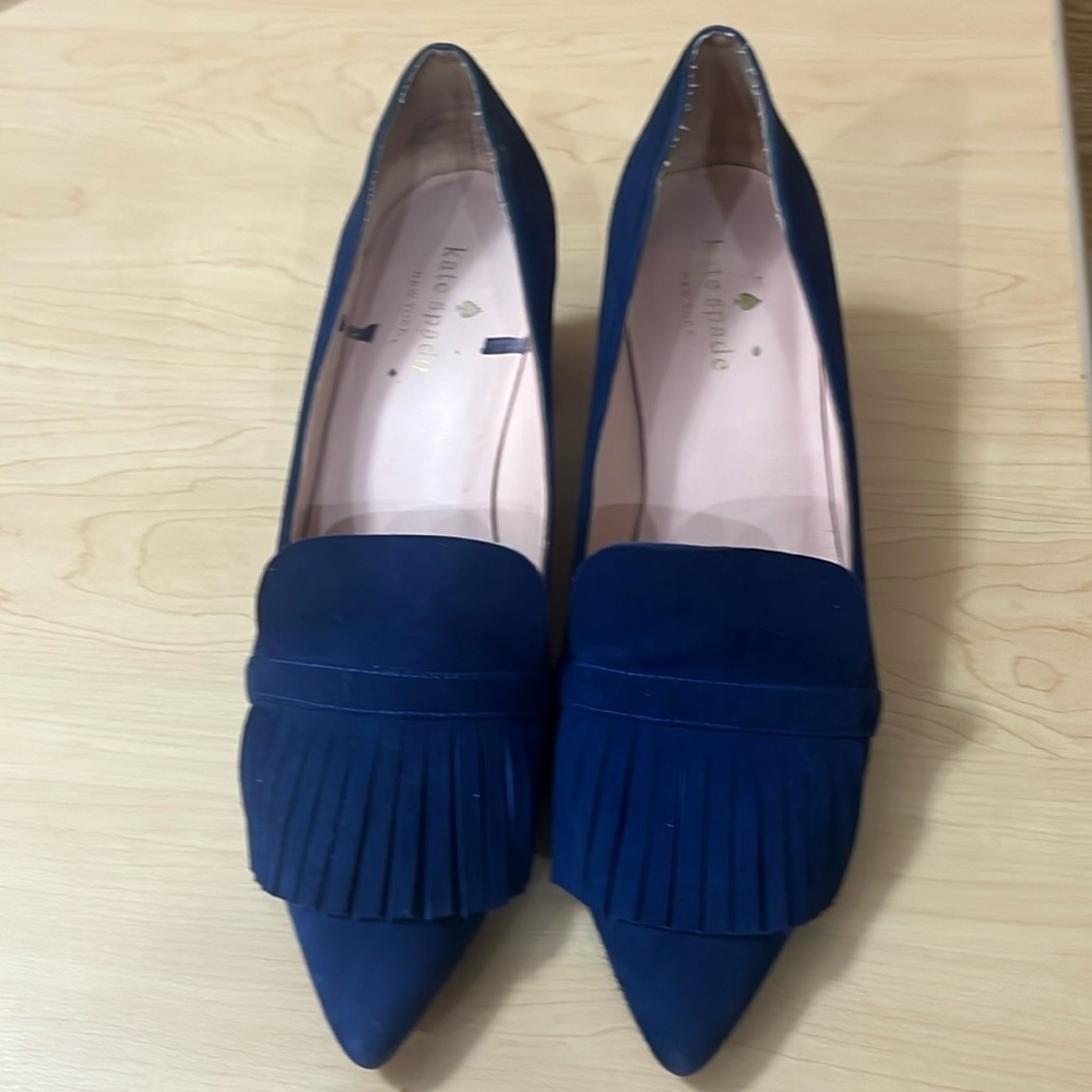 Kate Spade blue suede loafers. Preowned. With fringes across top of shoe
